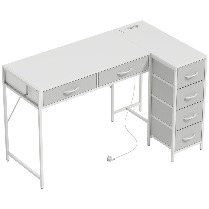 Scrivania Angolare 126x48x80 cm a 6 Cassetti con Gancio Laterale e Prese Integrate in Legno e Acciaio Bianco