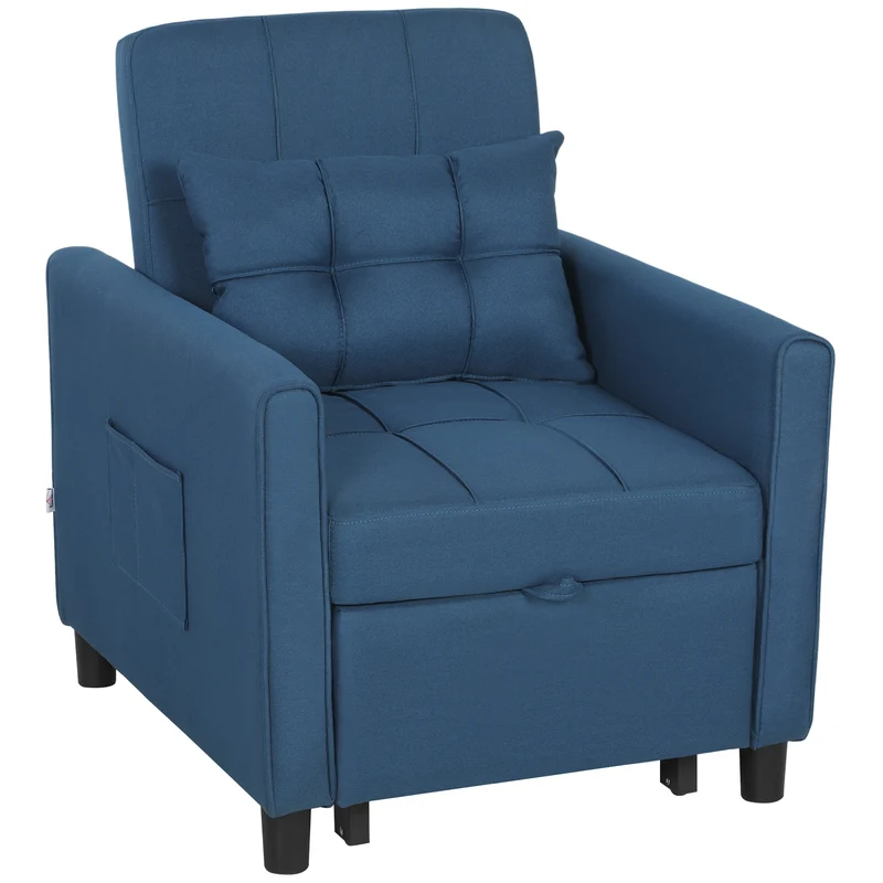 Poltrona Letto Pieghevole 69x82x85 cm con Schienale Regolabile e Cuscino in Tessuto Effetto Lino Blu