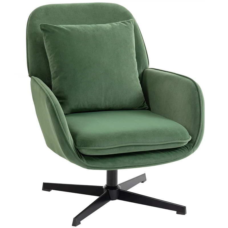 Poltrona da Salotto Girevole 73x83,5x85 cm con Cuscino Lombare e Rivestimento in Tessuto Effetto Velluto Verde