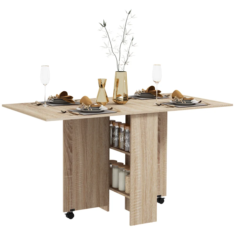 EasyComfort Tavolo Pieghevole con 2 Ribalte per 6 Persone con Ripiani e Rotelle Integrate, Legno Naturale