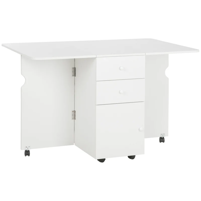 EasyComfort Tavolo da Cucina a Ribalta con 2 Cassetti e Armadietto ad Ante, in Truciolato, 120x80x75 cm, Bianco