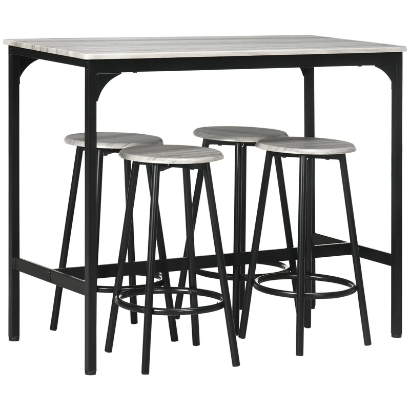 EasyComfort Set da Pranzo 5 Pezzi con Bancone da Bar 110x50x89.5 cm e Sgabelli Ø30x60.5 cm in Legno e Metallo Grigio e Nero