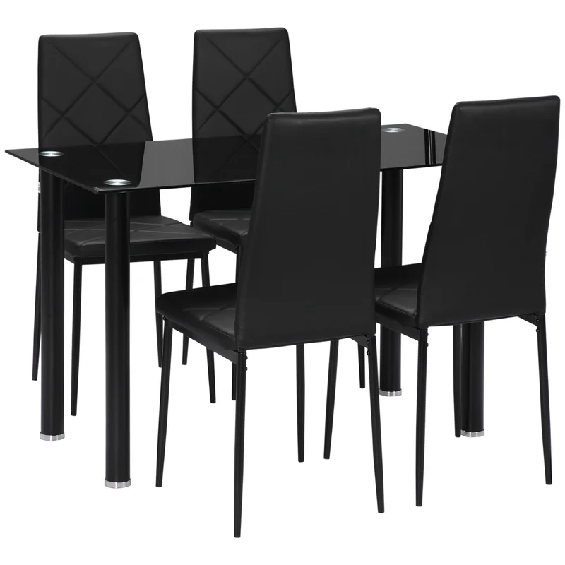 EasyComfort Set Tavolo da Pranzo con 4 Sedie, Piano in Vetro e Sedie Imbottite in Finta Pelle, Nero