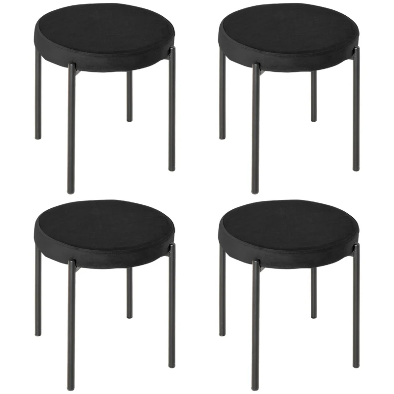 EasyComfort Set 4 Sgabelli Bassi e Rotondi in Metallo e Tessuto Effetto Velluto, 41.5x41.5x46 cm, Nero