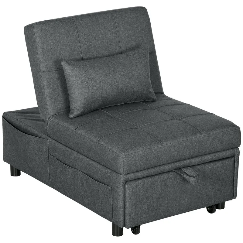 Poltrona Letto Singolo 65,5x104x81 cm Reclinabile 4-in-1 in Tessuto Effetto Lino Grigio
