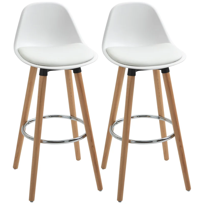 EasyComfort Set 2 Sgabelli Alti da Bar Stile Nordico con Schienale, Cuscino e Poggiapiedi in acciaio, struttura in legno, Bianco