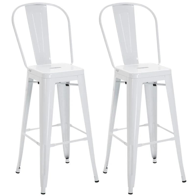 EasyComfort Set 2 Sgabelli da Bar Impilabili in Metallo con Schienale Rimovibile e Poggiapiedi, Bianco