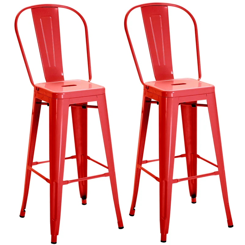 EasyComfort Set 2 Sgabelli da Cucina di Design con Schienale Rimovibile e Poggiapiedi, in Metallo, 44x49x116 cm, Rosso