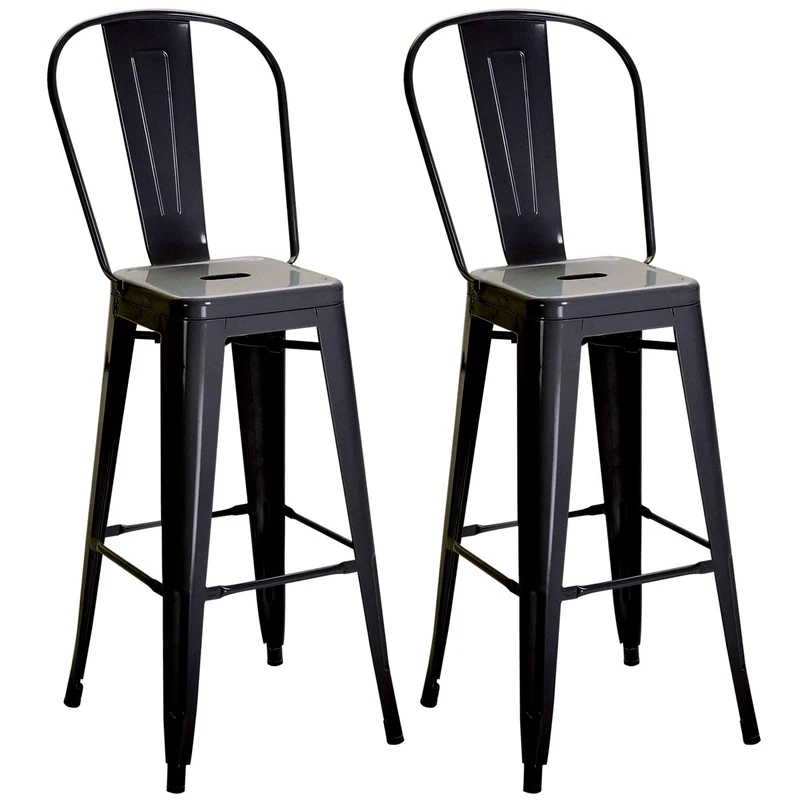 EasyComfort Set 2 Sgabelli da Bar Industriale con Schienale Rimovibile e Poggiapiedi, in Metallo, 44x49x116 cm, Nero
