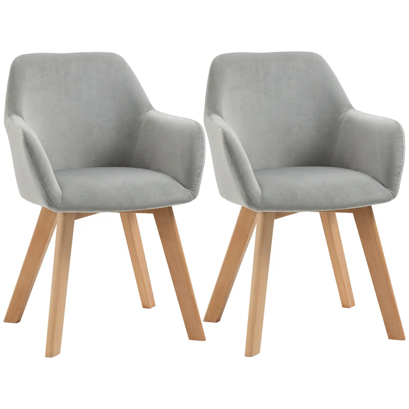 EasyComfort Set 2 Sedie per Sala da Pranzo Imbottite in Velluto con Braccioli e Gambe in Legno, Grigio