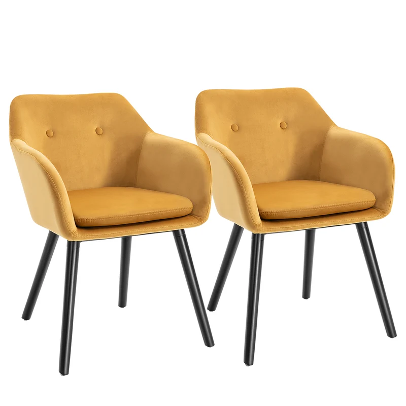 EasyComfort Set di 2 Sedie per Sala da Pranzo con Braccioli Imbottite e in Velluto, 54x56x74cm, Giallo