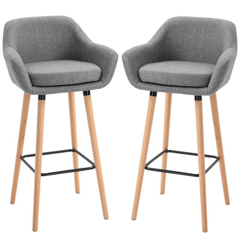 Easycomfort Set 2 Sgabelli da Bar Alti con Schienale e Poggiapiedi, Sgabelli da Cucina Stile Vintage in Tessuto con Cuscino e Gambe in Legno per Sala da Pranzo 55x48x100cm