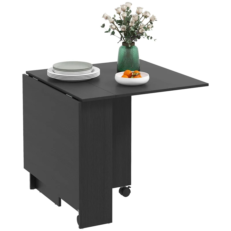 EasyComfort Tavolo Pieghevole Salvaspazio a 2 Ribalte per 6 Persone con Ripiani e Ruote, Nero