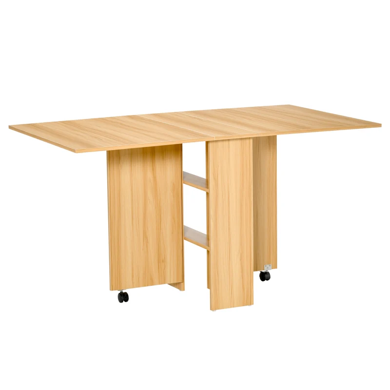 Easycomfort Tavolo da Pranzo Pieghevole, Tavolo a Ribalta per 4-6 Persone, Tavolo da Cucina Salvaspazio Moderno con 2 Ripiani e 2 Ruote, in Legno, 140x80x74 cm, Color Legno