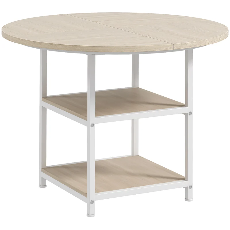 EasyComfort Tavolo da Pranzo per 4-6 Persone con 2 Ripiani Integrati, in Acciaio e MDF, Ø100x76 cm, Bianco e Rovere