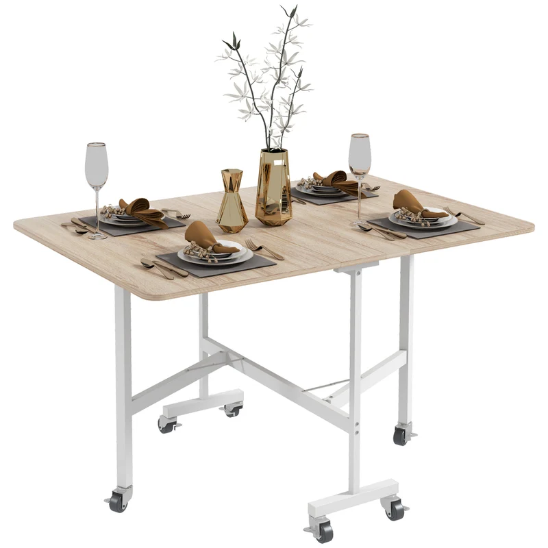 Easycomfort Tavolo Pieghevole Moderno a 2 Ribalte con Rotelle in MDF e Acciaio, 120x80x73cm, Marrone