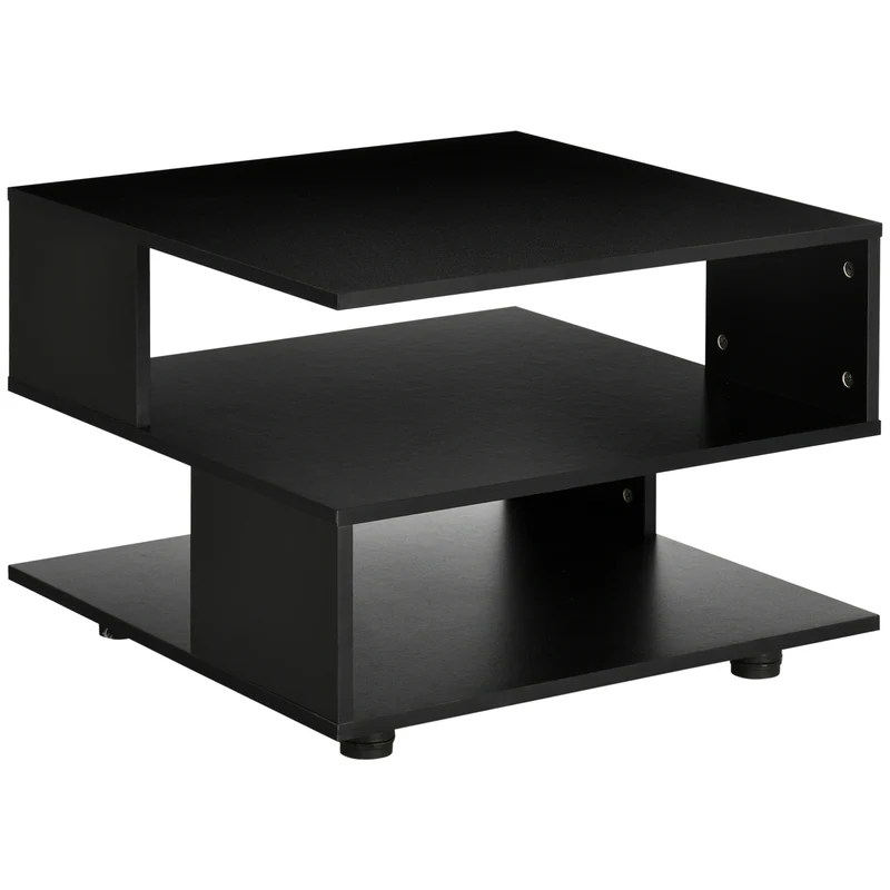 Easycomfort Tavolino da Caffè Asimmetrico in Legno con Ripiani e Piedini Regolabili, 60x60x45cm, Nero
