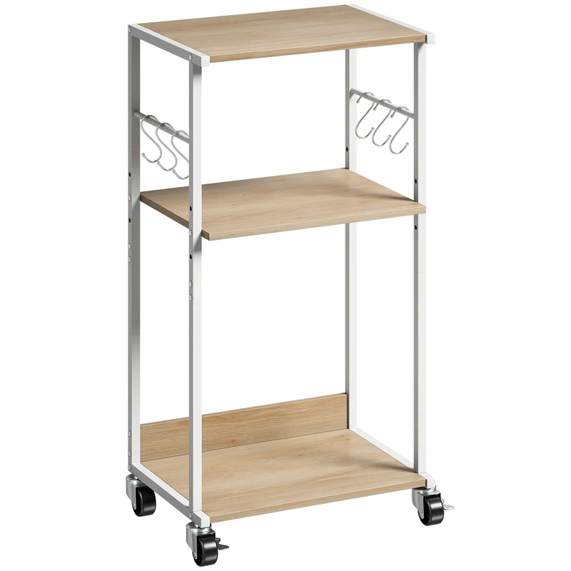 Mobile Supporto per Stampante a 3 livelli 43x30x82 cm con Ruote e Ganci in Legno e Metallo Naturale