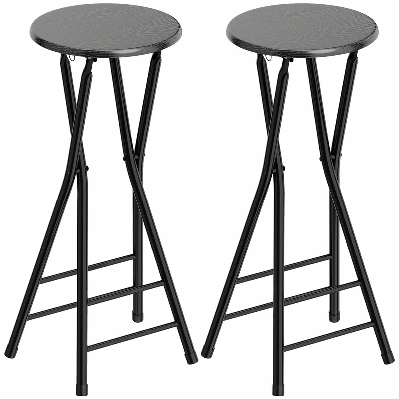 Set 2 Sgabelli Bar 34x30x70 cm Pieghevoli con Doppio Poggiapiedi in Legno e Acciaio Nero