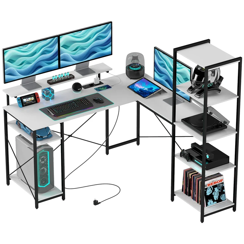 EasyComfort Scrivania Angolare con Presa Elettrica e USB, Scaffale e Supporto per Monitor, Bianco e Nero