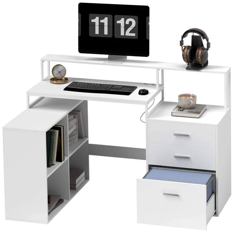 EasyComfort Scrivania Ufficio con 2 Tavoli, 4 Ripiani, 3 Cassetti e Supporto per Monitor, in Legno, 138.5x90x92 cm, Bianco