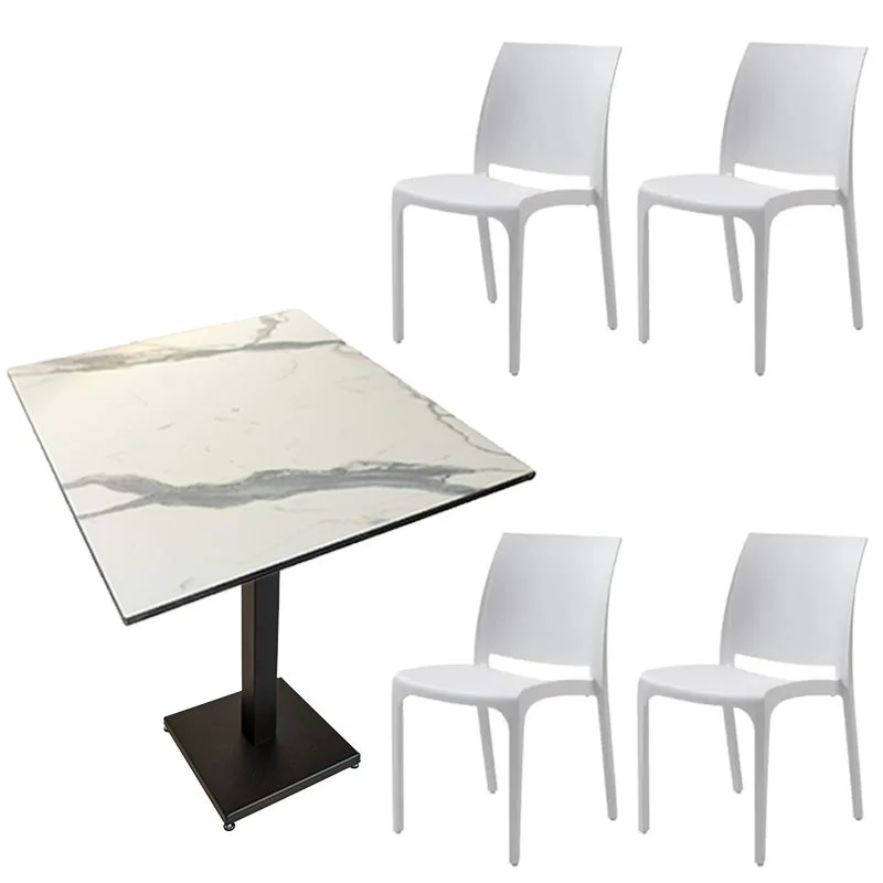 Set Tavolo contract con piede in ferro e piano HPL 70 x 70 marmorizzato bianco + 4 sedie Volga bianche