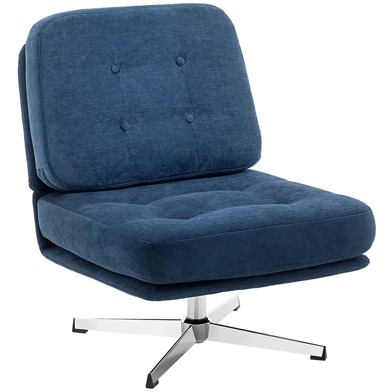 Poltrona da Salotto Girevole con Seduta Larga e Gambe in Metallo Rivestita in Ciniglia Blu Scuro