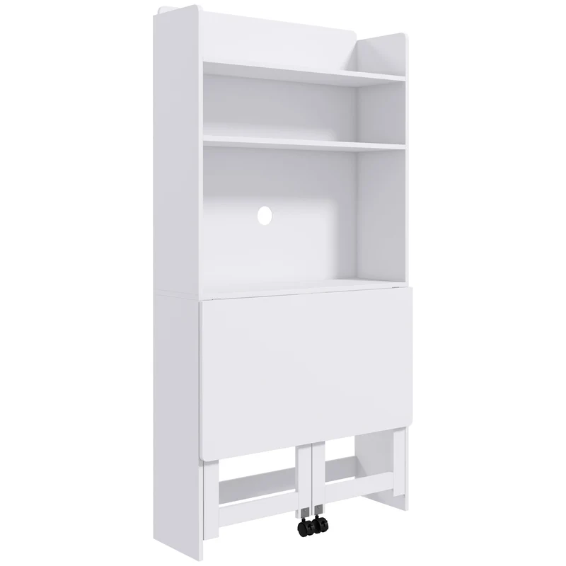 Scrivania Pieghevole 80x69x155 cm con Libreria a 4 Ripiani 2 Ruote e Foro Passacavi in MDF Bianco