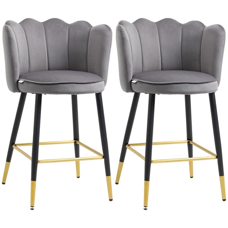 Easycomfort Set da 2 Sgabelli da Bar Vellutati con Poggiapiedi e Base in acciaio, 59x52x90cm, Grigio