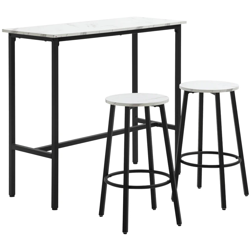 Easycomfort Set 3 Pezzi con Tavolo Rettangolare e 2 Sgabelli da Bar in Truciolato, MDF e Acciaio, Bianco e Nero