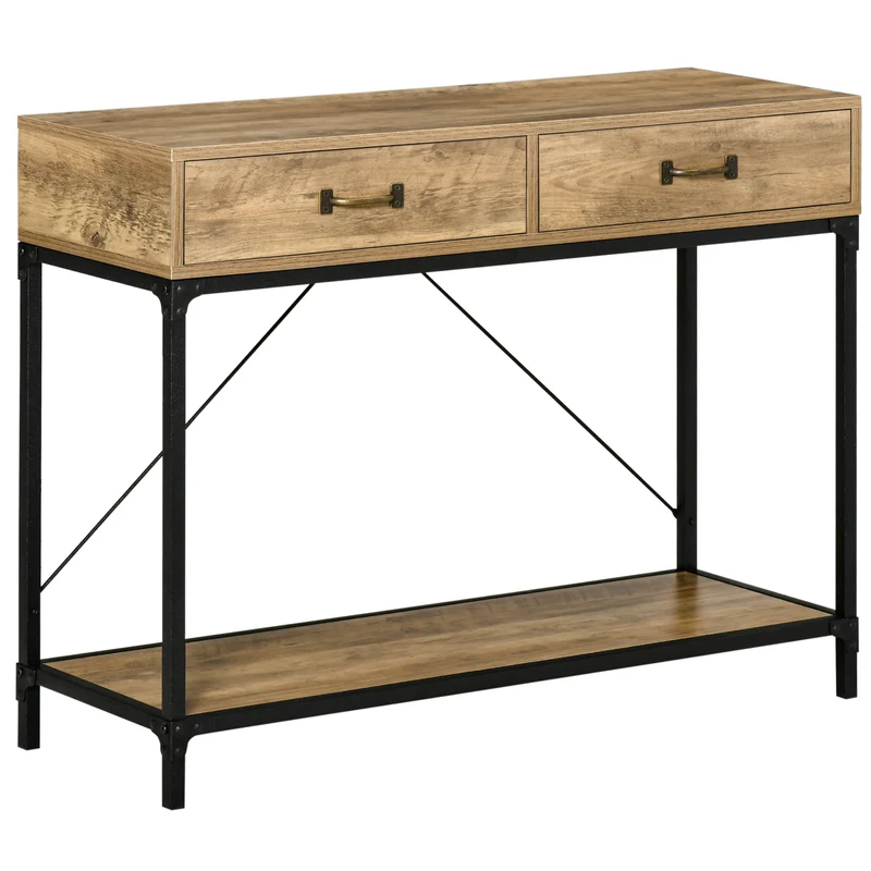 Easycomfort Tavolo Consolle Stile Vintage in Metallo e Legno con 2 Cassetti e Mensola, 100x35x76.5cm, Marrone