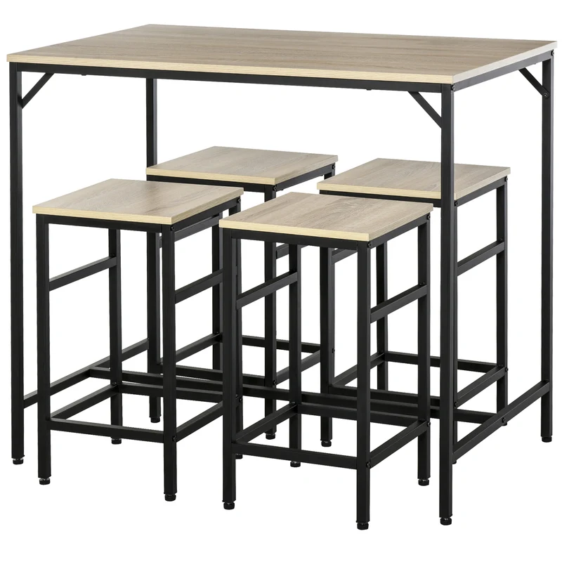 Easycomfort Set Tavolo Alto con 4 Sgabelli Stile Industriale in Metallo e Legno, Rovere Chiaro