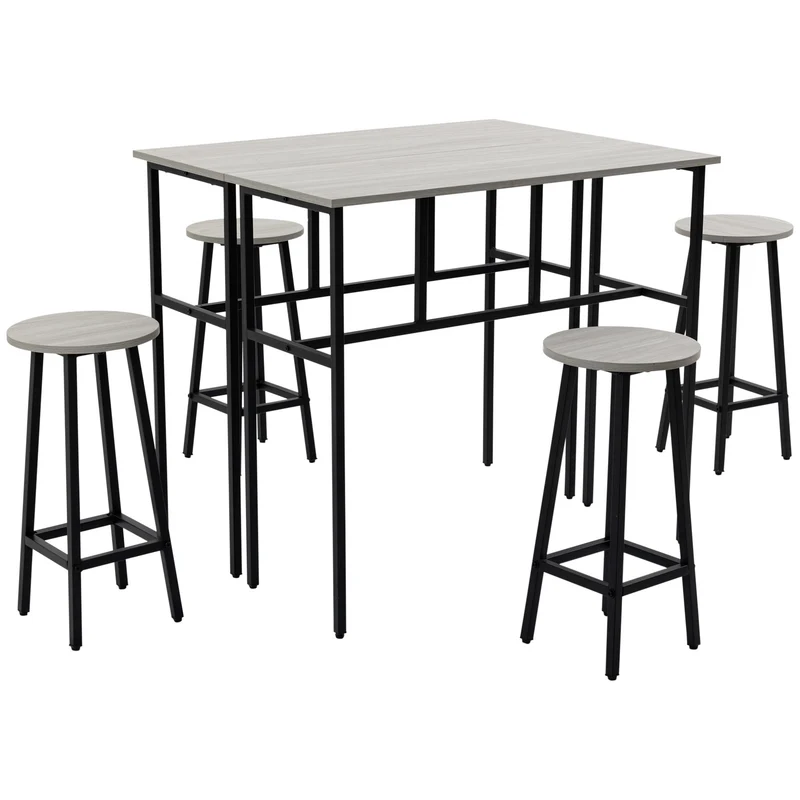 Easycomfort Set da Bar 6 Pezzi con 4 Sgabelli da Bar e 2 Tavoli Alti in Legno Truciolato e Acciaio per Cucina e Soggiorno, Grigio