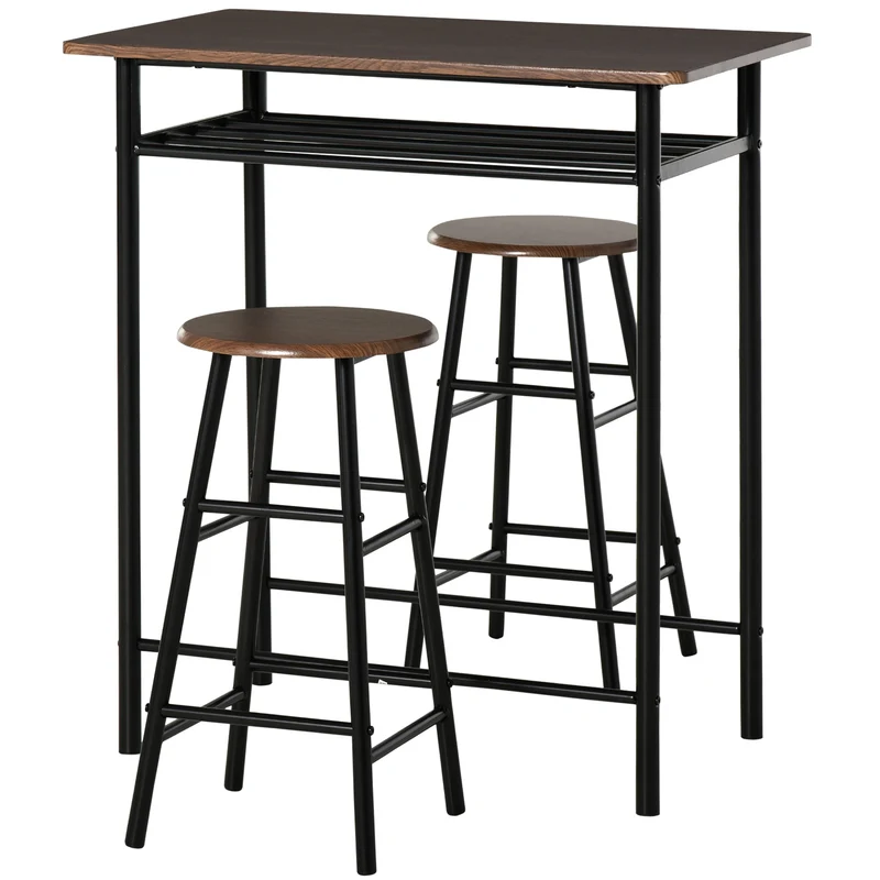 Easycomfort Tavolo Alto con 2 Sgabelli per Cucina, Soggiorno, Bar, Struttura in Acciaio con Poggiapiedi e Mensola
