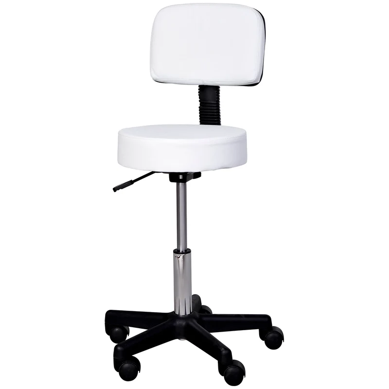 Easycomfort Sgabello Girevole con Schienale, Altezza Regolabile e 5 Ruote in pelle PU Bianca per Casa o Negozio