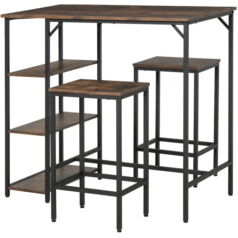 Easycomfort Set Tavolo Alto con 2 Sgabelli e Scaffale Stile Industriale in Metallo e Legno, Arredamento Moderno Bar e Cucina, Marrone Rustico