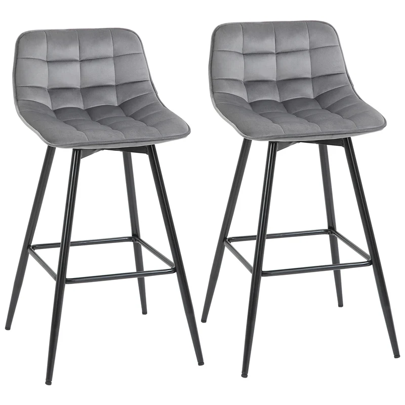 EasyComfort Set 2 Sgabelli Alti da Bar con Sedie Imbottite e Poggiapiedi Stile Nordico, con schienale in Velluto, 45x47x88cm, Grigio