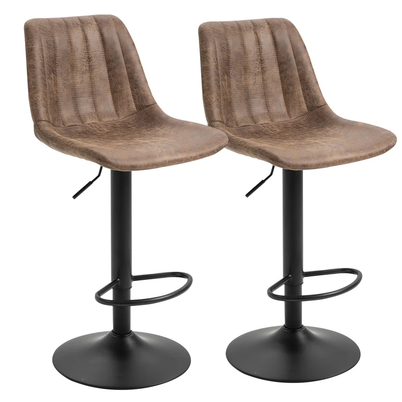 EasyComfort Set 2 Sgabelli Alti da Bar in Stile Industriale con Schienale, Poggiapiedi e Altezza Regolabile, Sedia in Microfibra, Marrone