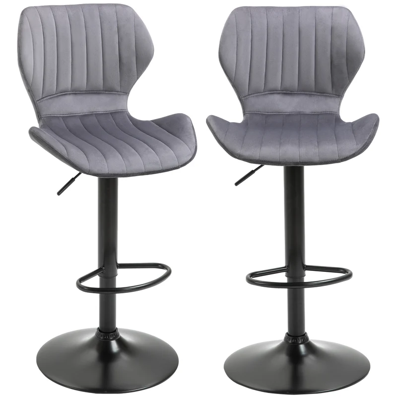 Easycomfort Set 2 Sgabelli da Bar ad Altezza Regolabile con Seduta Ergonomica e Poggiapiedi, Sgabelli Alti in Effetto Velluto e Metallo, 47x51.5x92-114 cm, Grigio