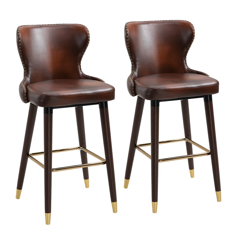 Easycomfort Set 2 Sgabelli da Bar Alti in Stile Industriale con Schienale e Poggiapiedi, Seduta in Finta pelle e Gambe in Legno, Sgabelli Vintage per Cucina e Ristorante, 52x53x101cm