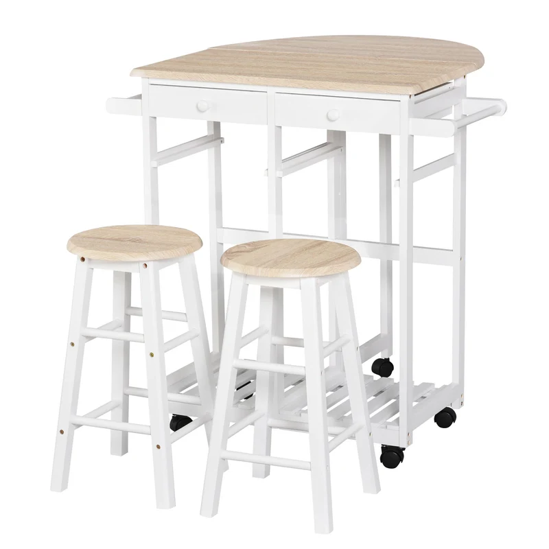 Easycomfort Carrello da Cucina Pieghevole, Mobile da Cucina Salvaspazio con 2 Sgabelli 2 Cassetti 5 Ruote (Rotazione 360°), Legno MDF Bianco