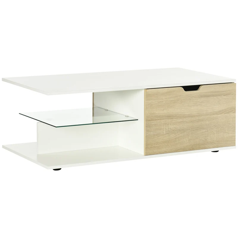 Easycomfort Tavolino Basso da Caffè in Truciolato con Cassetti e Ripiano in Vetro per Soggiorno e Ingresso, 106x58x39 cm, Bianco