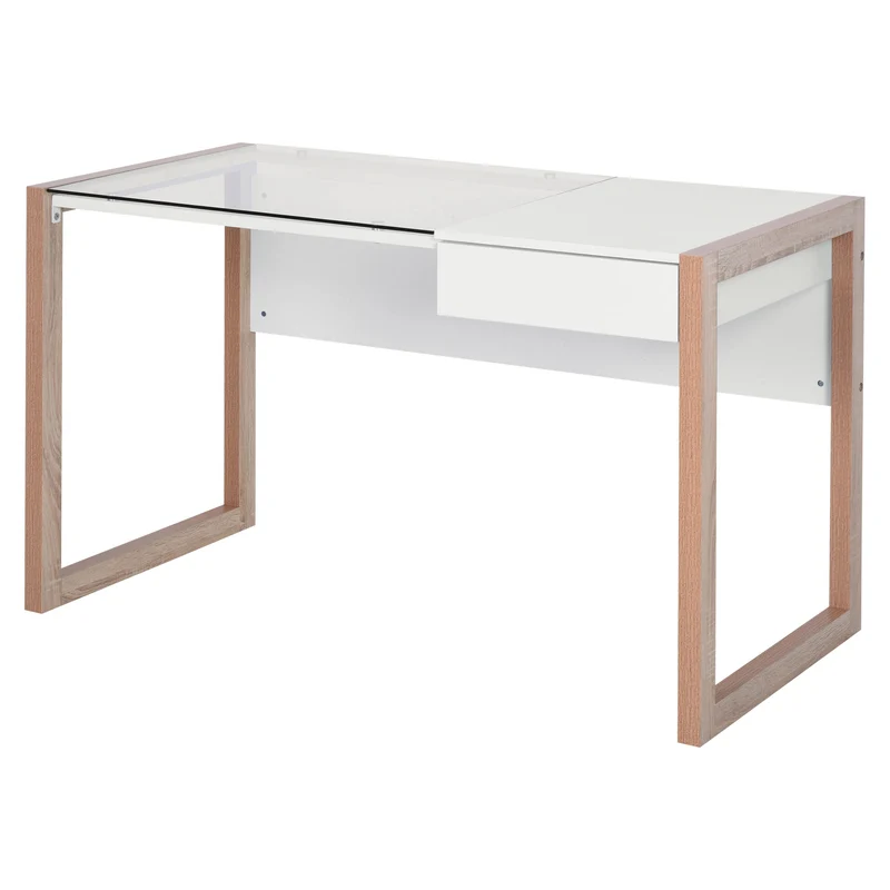 Easycomfort Scrivania Moderna di Design in Legno e Vetro Temperato con Cassetto, Bianca e Color Legno, per Ufficio, 120x60x75cm