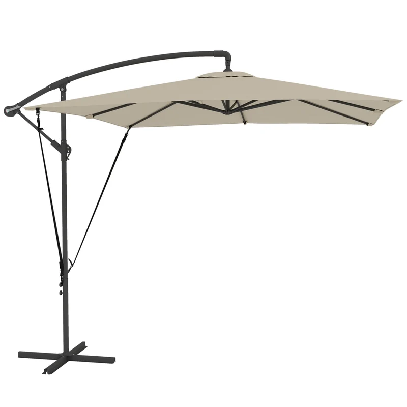 Ombrellone a Sbalzo 247x247 cm con Base a Croce e Manovella in Metallo e Poliestere Cachi