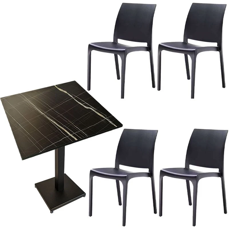 Set Tavolo contract con piede in ferro e piano HPL 80 x 80 marmorizzato nero + 4 sedie Volga Grafite