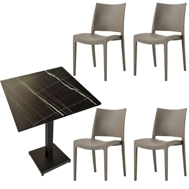 Set Tavolo contract con piede in ferro e piano HPL 70 x 70 marmorizzato nero + 4 sedie Volga Tortora