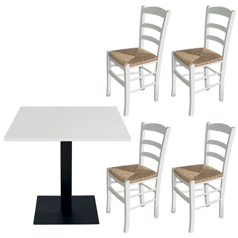 Set Tavolo contract con piede in ferro e piano 80 x 80 bianco + 4 sedie paesana paglia bianche