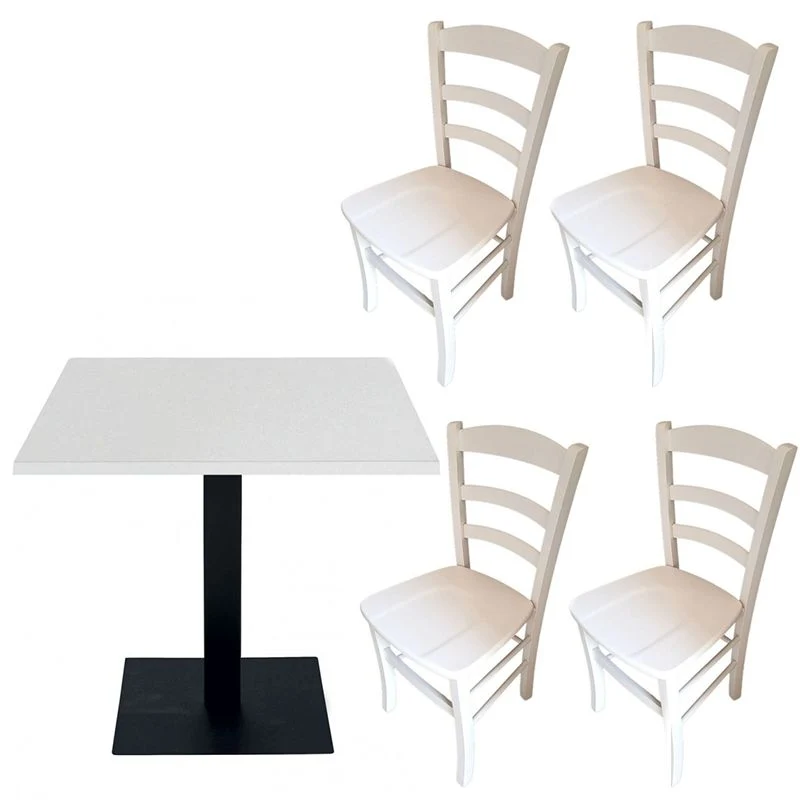 Set Tavolo contract con piede in ferro e piano 70 x 70 bianco + 4 sedie paesana massello bianche
