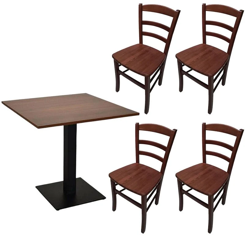 Set Tavolo contract con piede in ferro e piano 80 x 80 noce + 4 sedie paesana massello noce