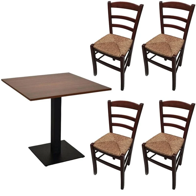 Set Tavolo contract piano 80 x 80 noce + 4 sedie paesana paglia noce
